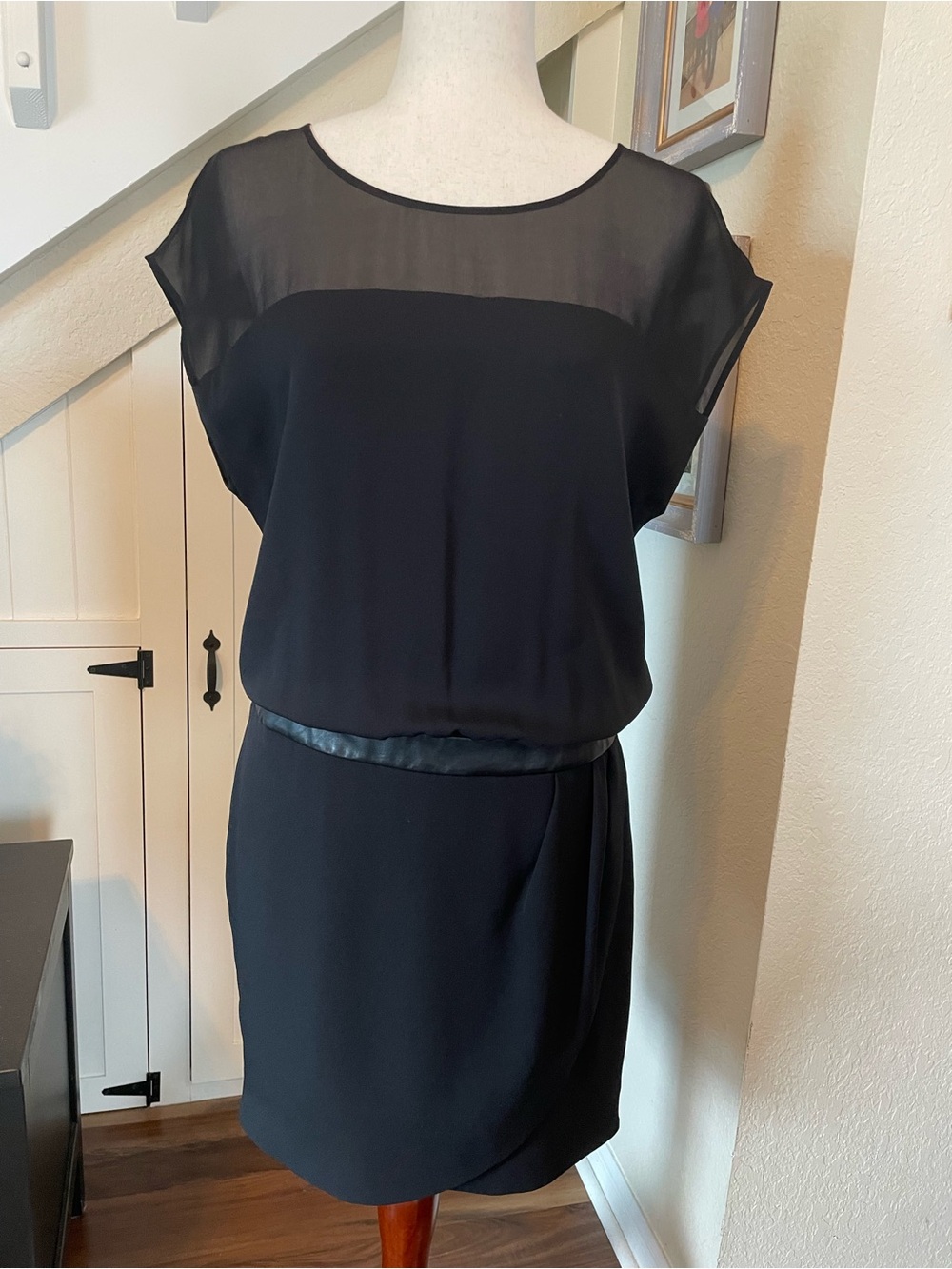 Ali Ro Black Silk Mini Dress with Real Leather Waist Trim Size 6 LBD